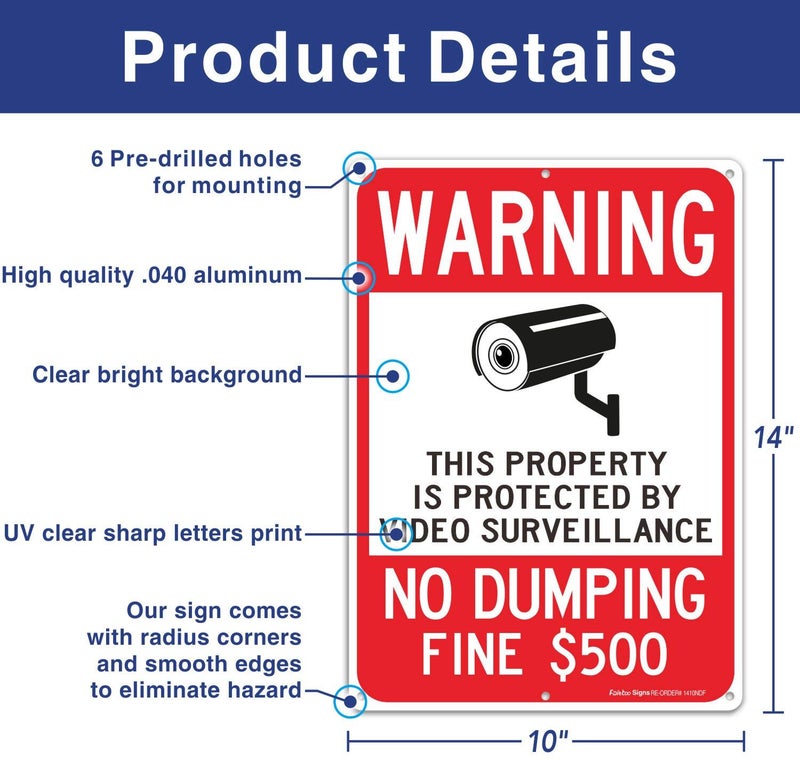 Faittoo Warning No Dumping Fine $500 Sign, This Property Is Protected By Video Surveillance Sign, 14 x 10 Inches .040 Rust-Free Aluminum, UV Protected, Weather Resistant, Easy to Mount (2 Pack) - Image 2